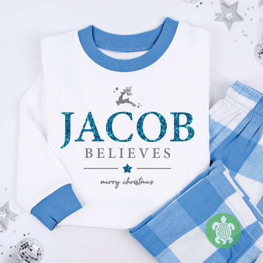 Christmas Luxury Blue Believes Glitter Print Outfit, Festive Pattern, Personalised Clothing Set, Tight-fitting style, Christmas Eve Box
