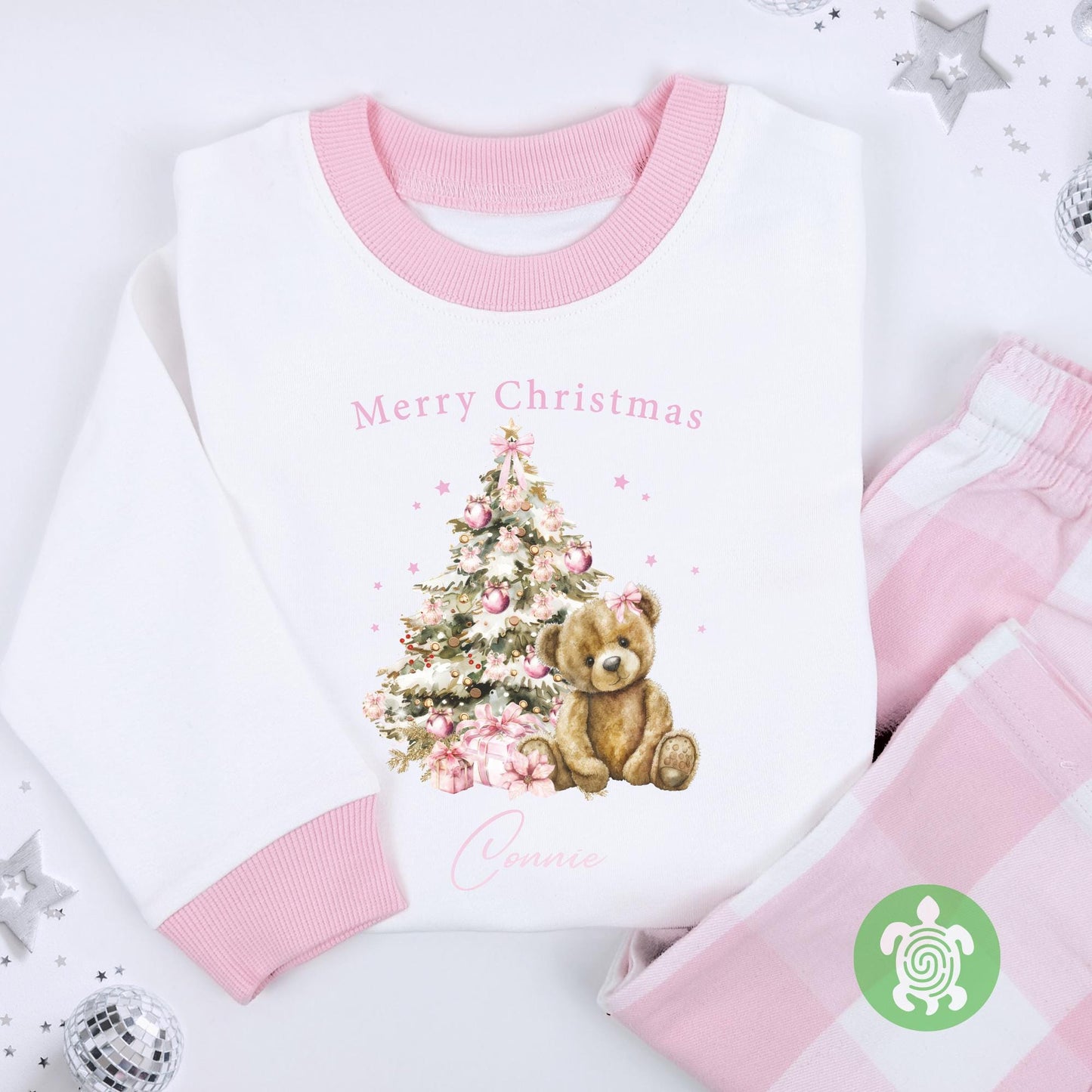 Luxury Merry Christmas Pink Teddy Festive Tree Outfit, Festive Pattern, Personalised Clothing Set, Tight-fitting style, Christmas Eve Box