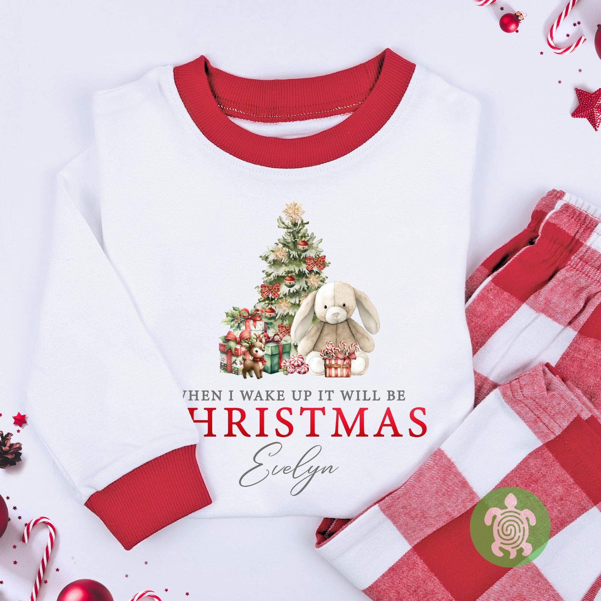 Luxury When I Wake Up It Will Be Christmas Christmas, Bunny Red Festive Pattern, Personalised XMas Eve Set, Tight-fitting style