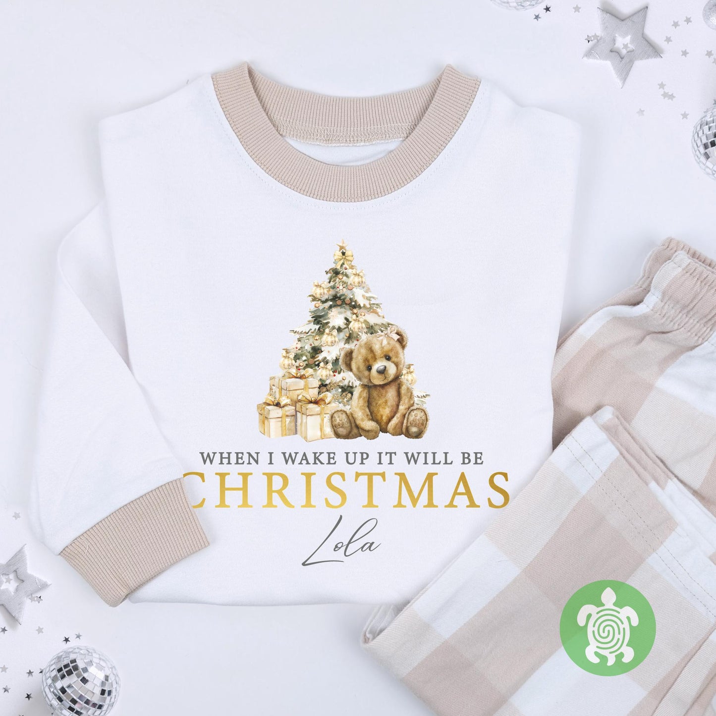 Luxury Children's When I Wake Up It Will Be Christmas Festive PJ'S, Neutral Teddy Boy Girl Christmas Pyjamas, Metallic Print, XMas Outfit