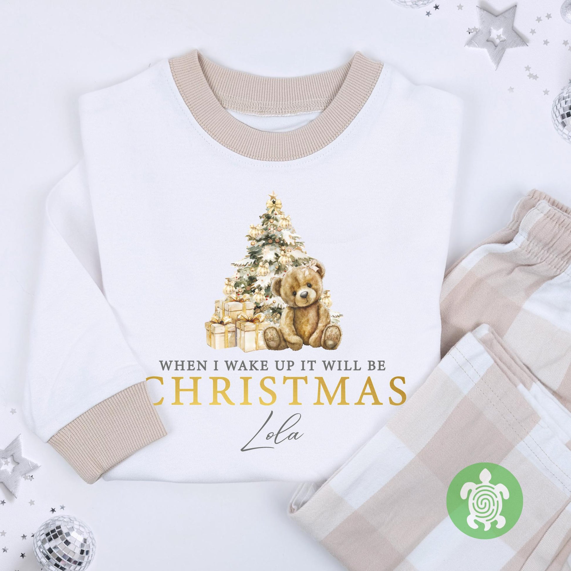 Luxury Children's When I Wake Up It Will Be Christmas Festive PJ'S, Neutral Teddy Boy Girl Christmas Pyjamas, Metallic Print, XMas Outfit