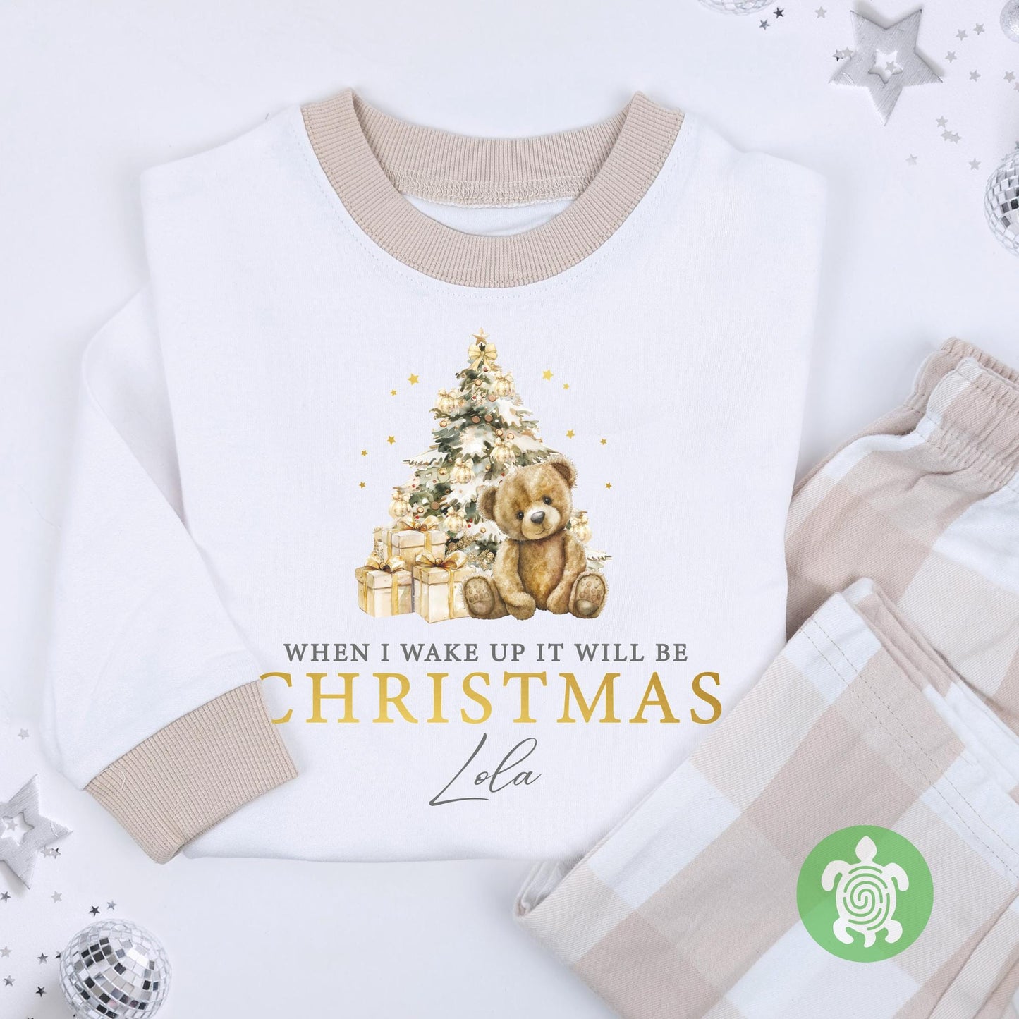 Luxury Children's When I Wake Up It Will Be Christmas Festive PJ'S, Neutral Teddy Boy Girl Christmas Pyjamas, Metallic Print, XMas Outfit
