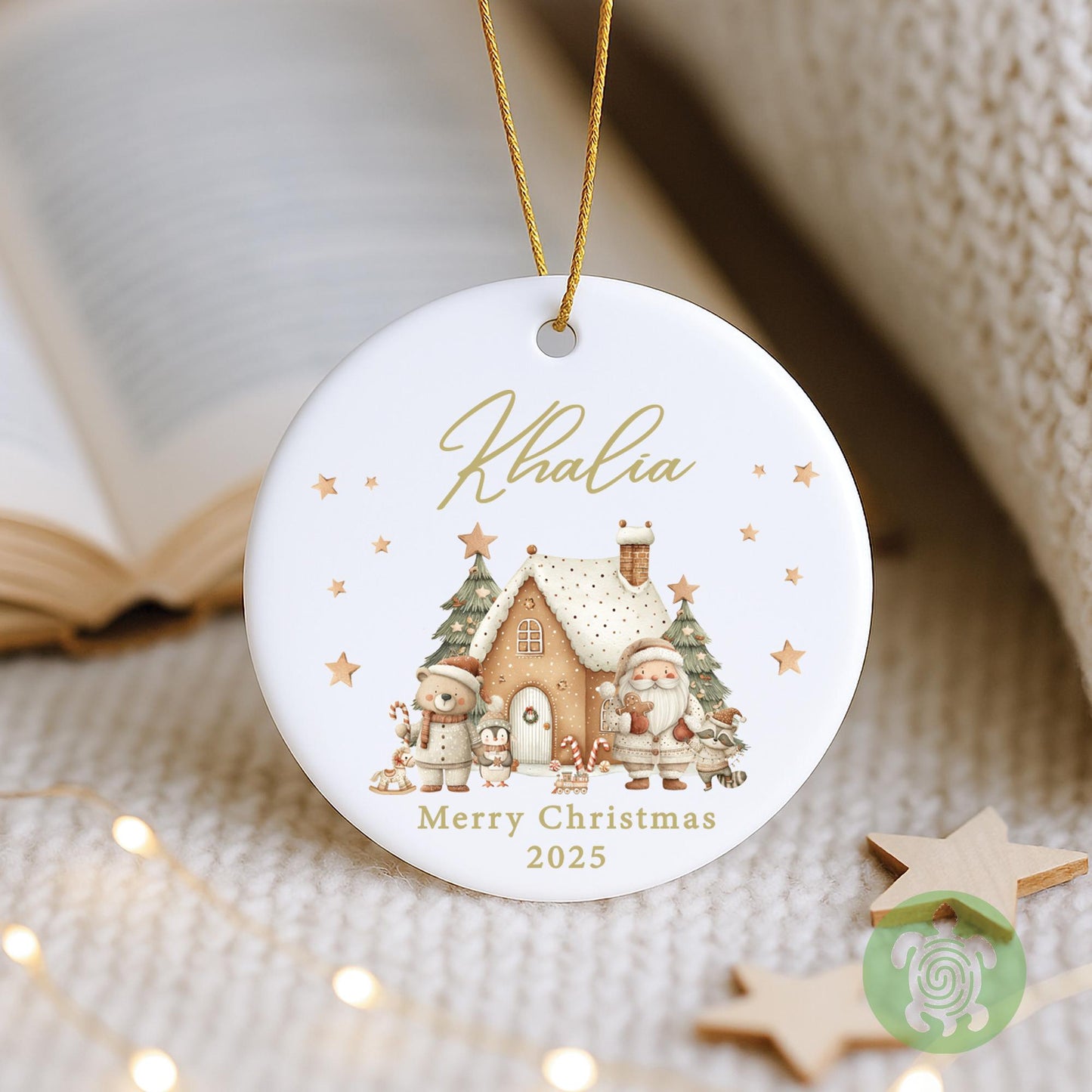 Personalised Santa Gingerbread House Merry Christmas Ornament, Ceramic Bauble, Custom Newborn Gift, 1st Xmas Tree Decoration, First Keepsake