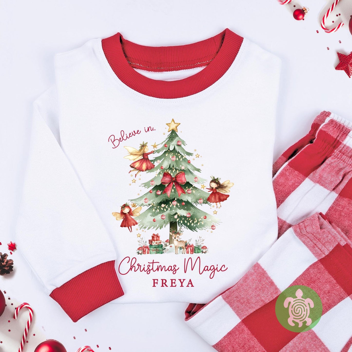 Luxury Believe in Christmas Red Fairies, Red Festive Pattern, Personalised XMas Eve Set, Tight-fitting style, Christmas Eve Set