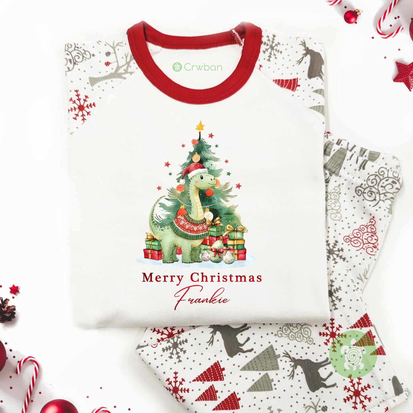 Luxury Personalised Dinosaur Merry Christmas Set, Red Festive Pattern, Xmas Set, Tight-fitting style, Christmas Eve Outfit, Festive Gift