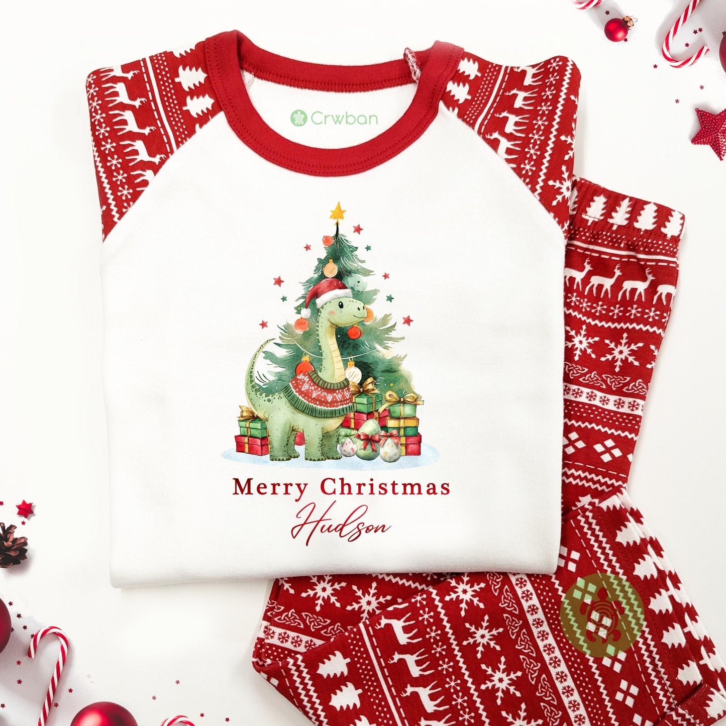 Luxury Personalised Dinosaur Merry Christmas Set, Red Festive Pattern, Xmas Set, Tight-fitting style, Christmas Eve Outfit, Festive Gift