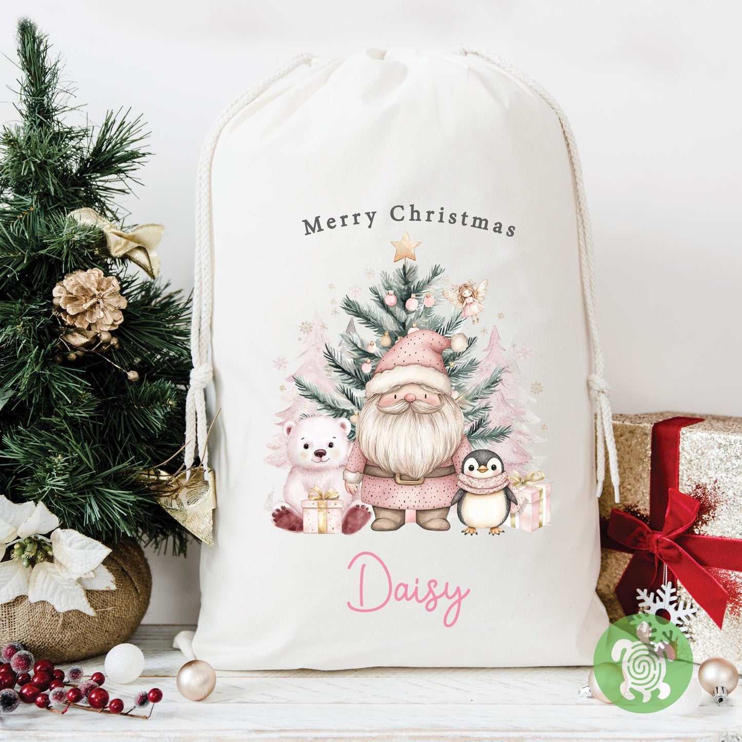 Personalised Christmas Pink Polar Bear & Santa Sack, Luxury Linen Polyester Christmas Stuff Bag, Christmas Eve Box, 1st Christmas sack