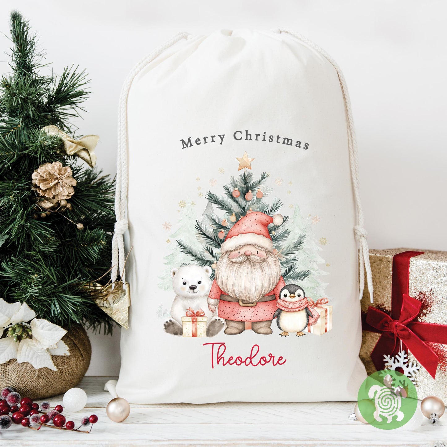Personalised Christmas Red Polar Bear & Santa Sack, Luxury Linen Polyester Christmas Stuff Bag, Christmas Eve Box, 1st Christmas sack