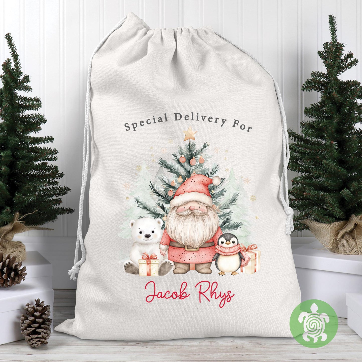 Personalised Christmas Red Polar Bear & Santa Sack, Luxury Linen Polyester Christmas Stuff Bag, Christmas Eve Box, 1st Christmas sack