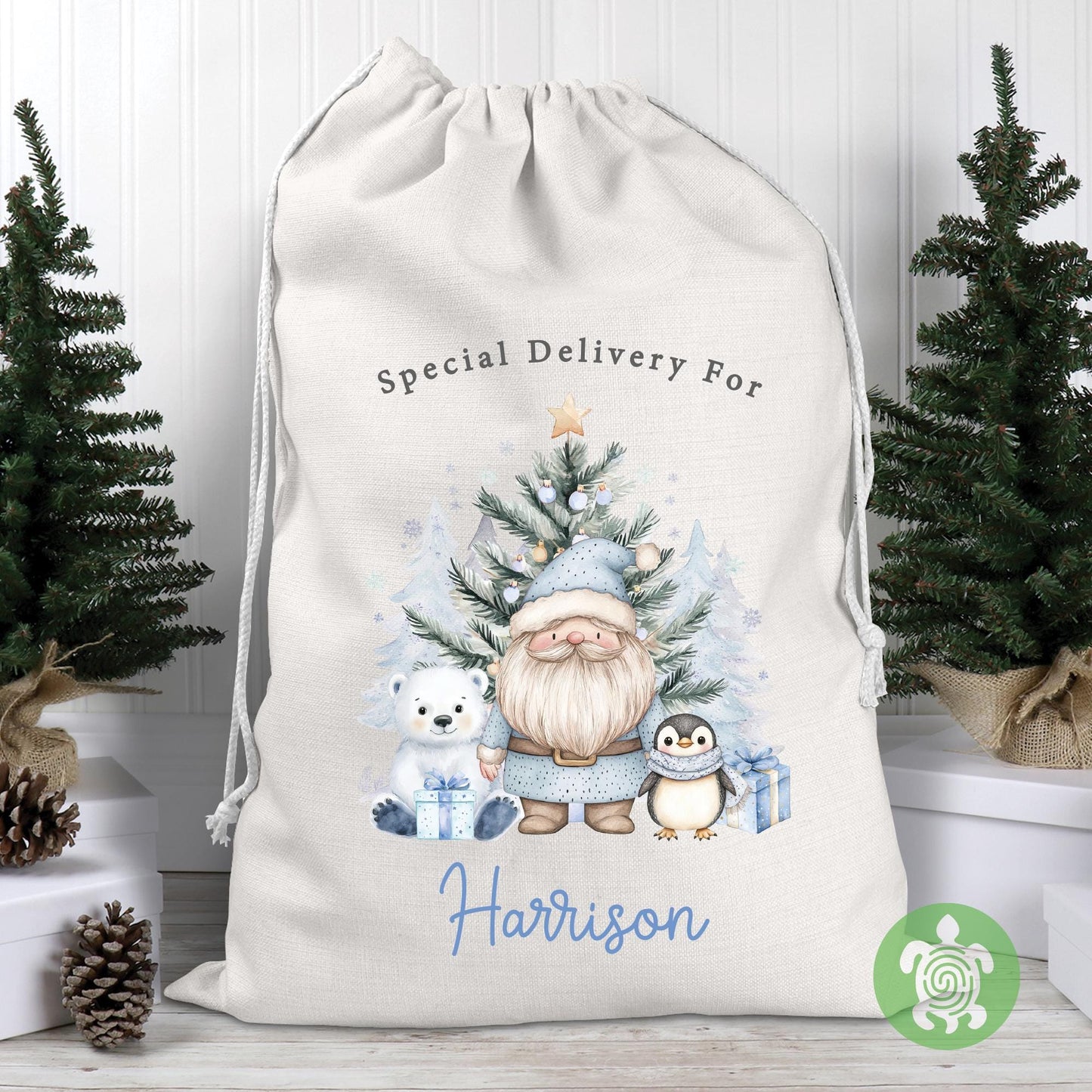 Personalised Christmas Blue Polar Bear & Santa Sack, Luxury Linen Polyester Christmas Stuff Bag, Christmas Eve Box, 1st Christmas sack