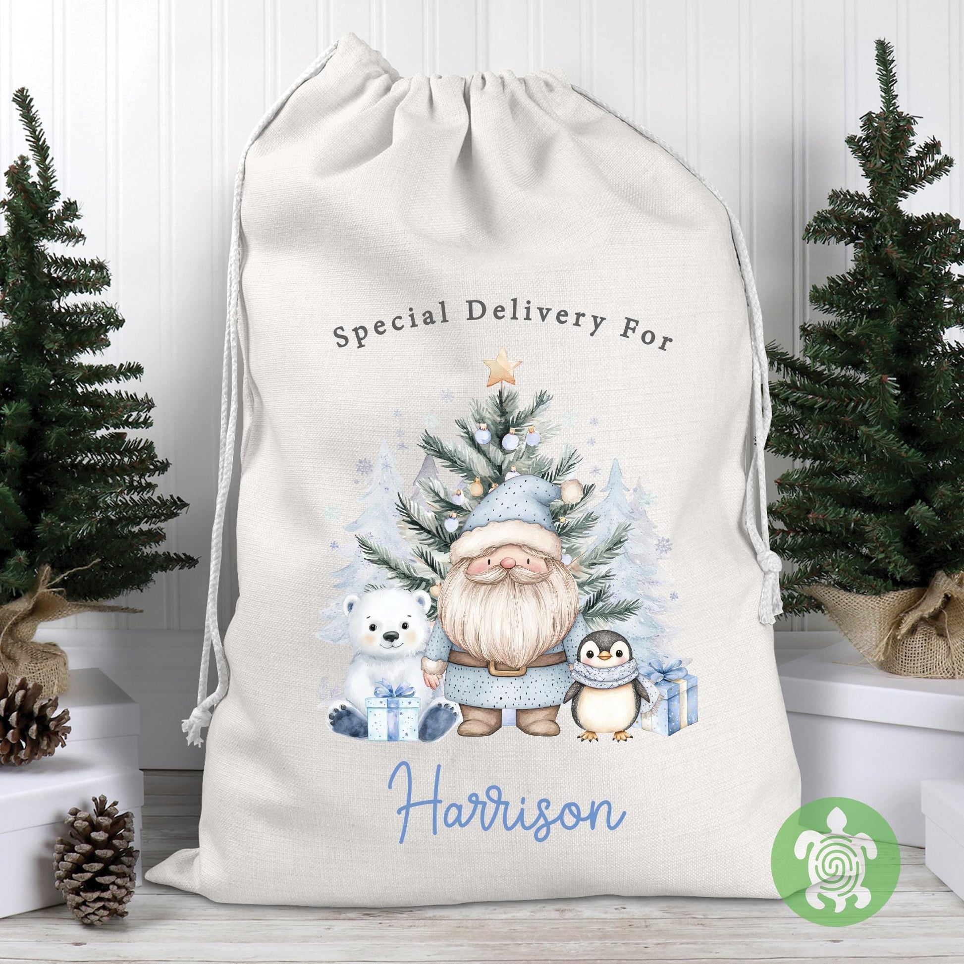 Personalised Christmas Blue Polar Bear & Santa Sack, Luxury Linen Polyester Christmas Stuff Bag, Christmas Eve Box, 1st Christmas sack