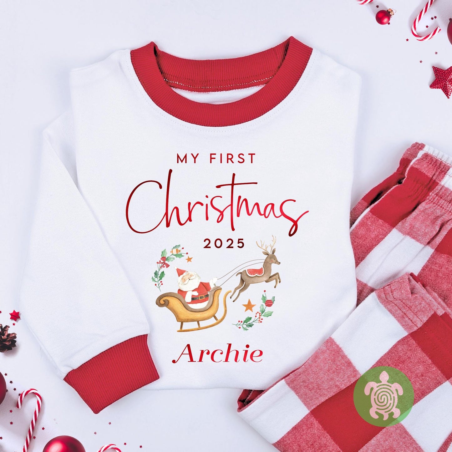 Luxury Personalised My First Christmas Santa's Sleigh, Red Festive Pattern, XMas Eve Set, Choose your Ballerina, Tight-fitting style