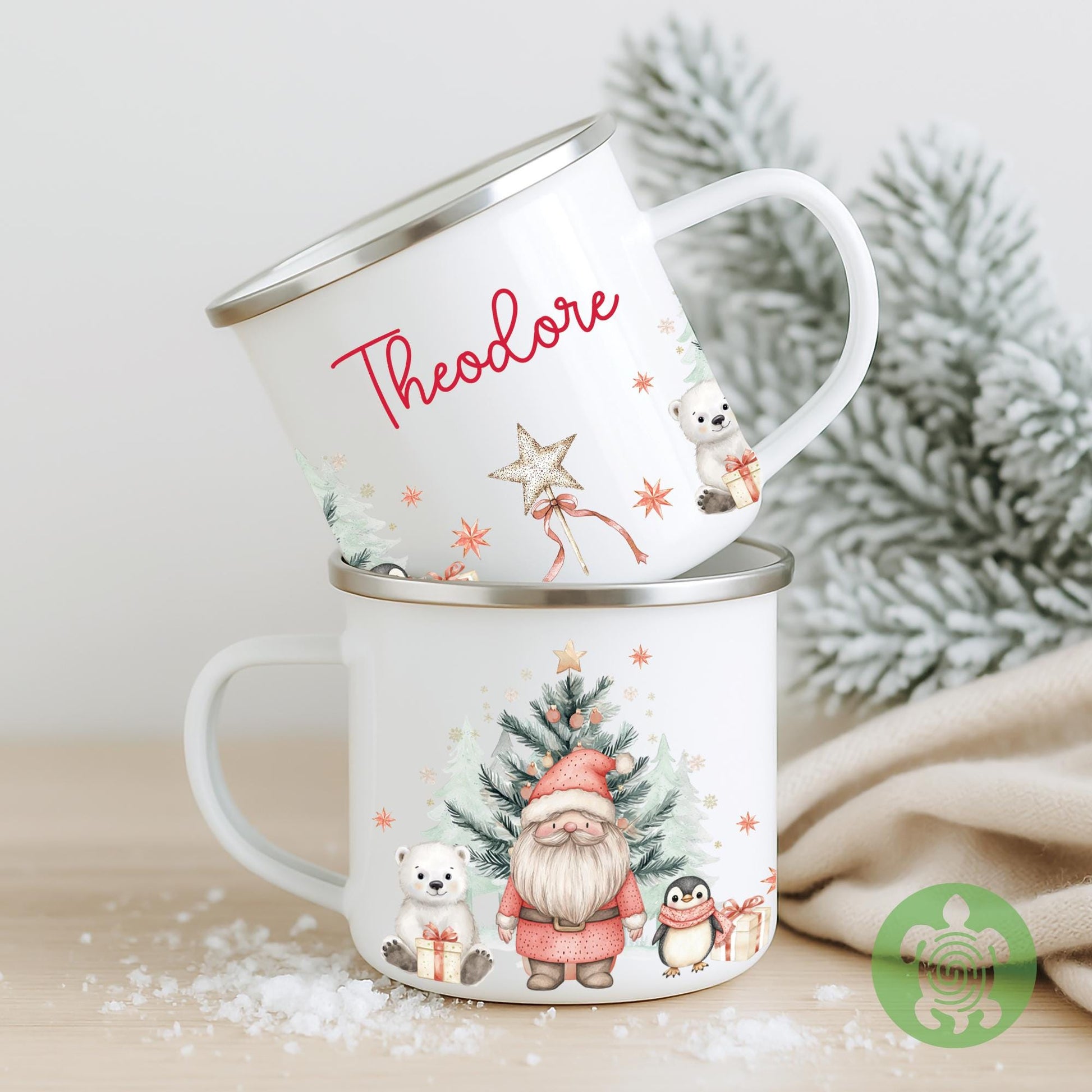 Personalised Children's Red Polar Bear Festive Mug, Xmas Gift Idea, Enamel Mug, Christmas Hot Chocolate, Kids Mug, Christmas Eve Filler
