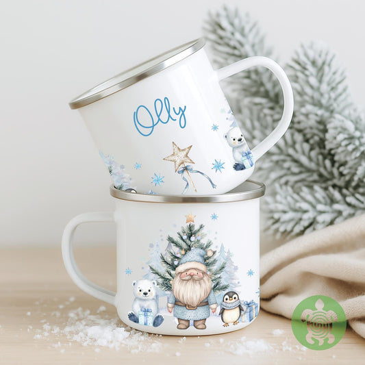 Personalised Children's Blue Polar Bear Festive Mug, Xmas Gift Idea, Enamel Mug, Christmas Hot Chocolate, Kids Mug, Christmas Eve Filler