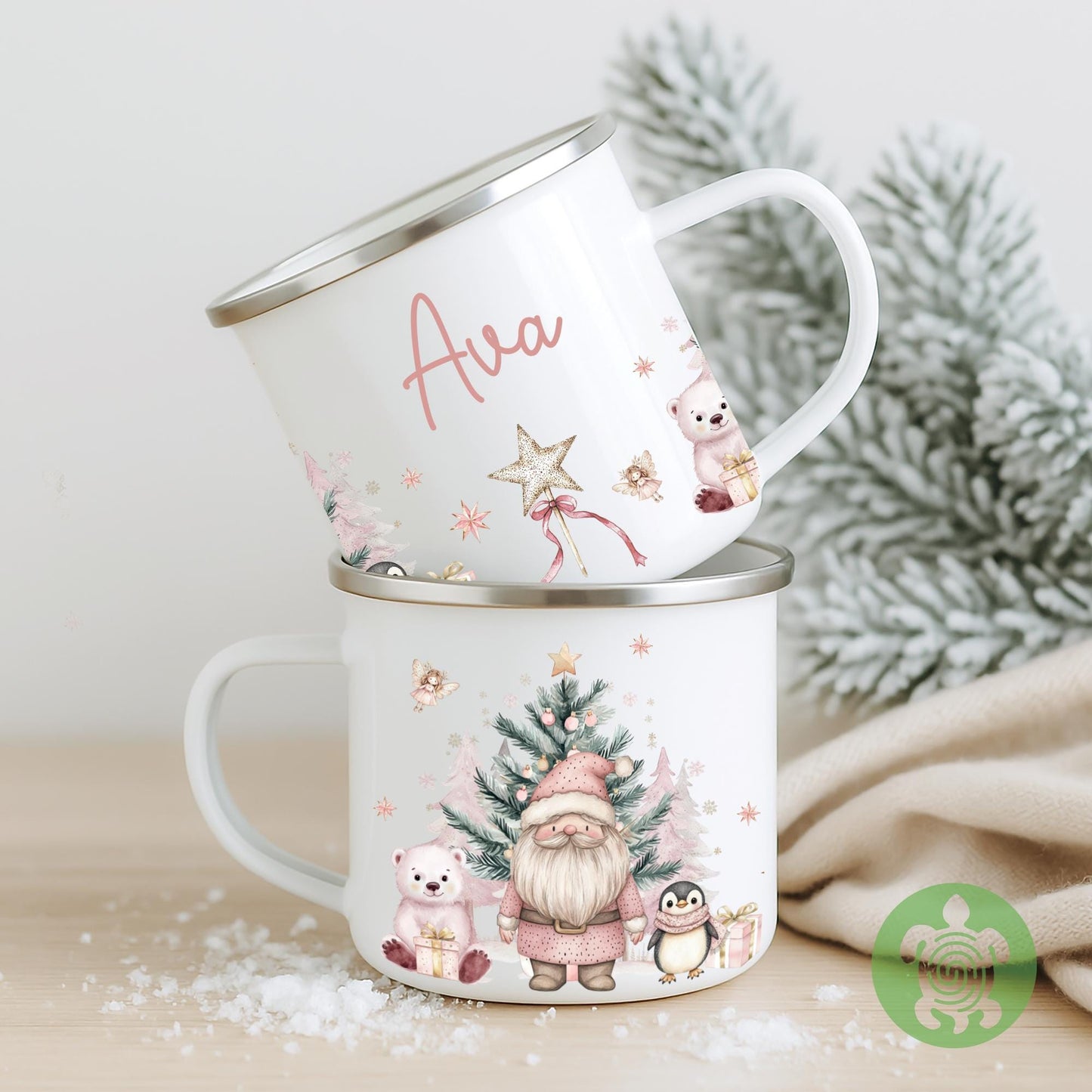 Personalised Children's Pink Polar Bear Festive Mug, Xmas Gift Idea, Enamel Mug, Christmas Hot Chocolate, Kids Mug, Christmas Eve Filler