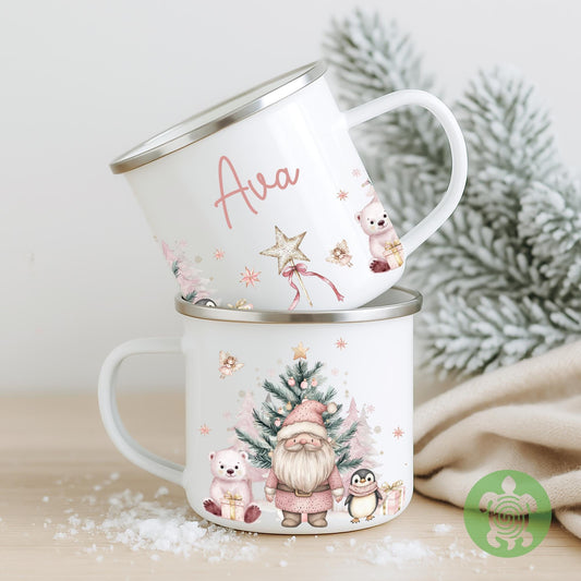 Personalised Children's Pink Polar Bear Festive Mug, Xmas Gift Idea, Enamel Mug, Christmas Hot Chocolate, Kids Mug, Christmas Eve Filler