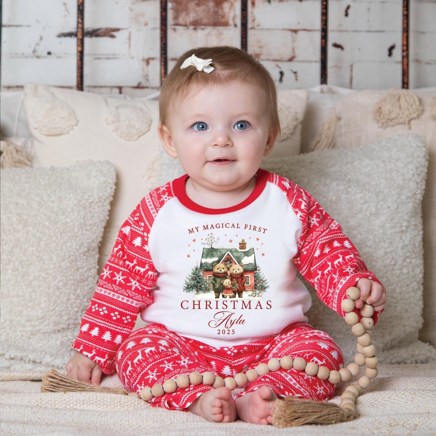 Luxury My 1st Family Christmas Bears Matching Family Christmas Outfit, Red Festive Pattern, Personalised Clothing Set, Tight-fitting style
