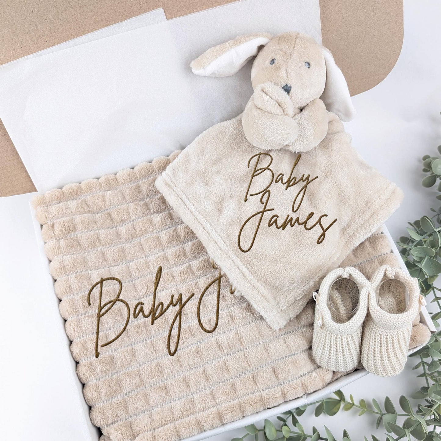 Embroidered Neutral Bunny Comforter Blanket Gift Set | Baby Shower Gift | Baby Booties | Baby Gift | Newborn Girl Boy | Newborn Baby Gift