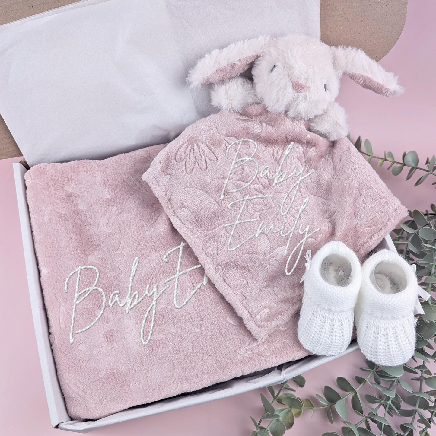 Embroidered Rose Pink Fluffy Bunny Comforter Blanket Gift Set, Baby Shower Gift, Baby Booties, Baby Gift, Newborn Baby Girl, Baby Gift