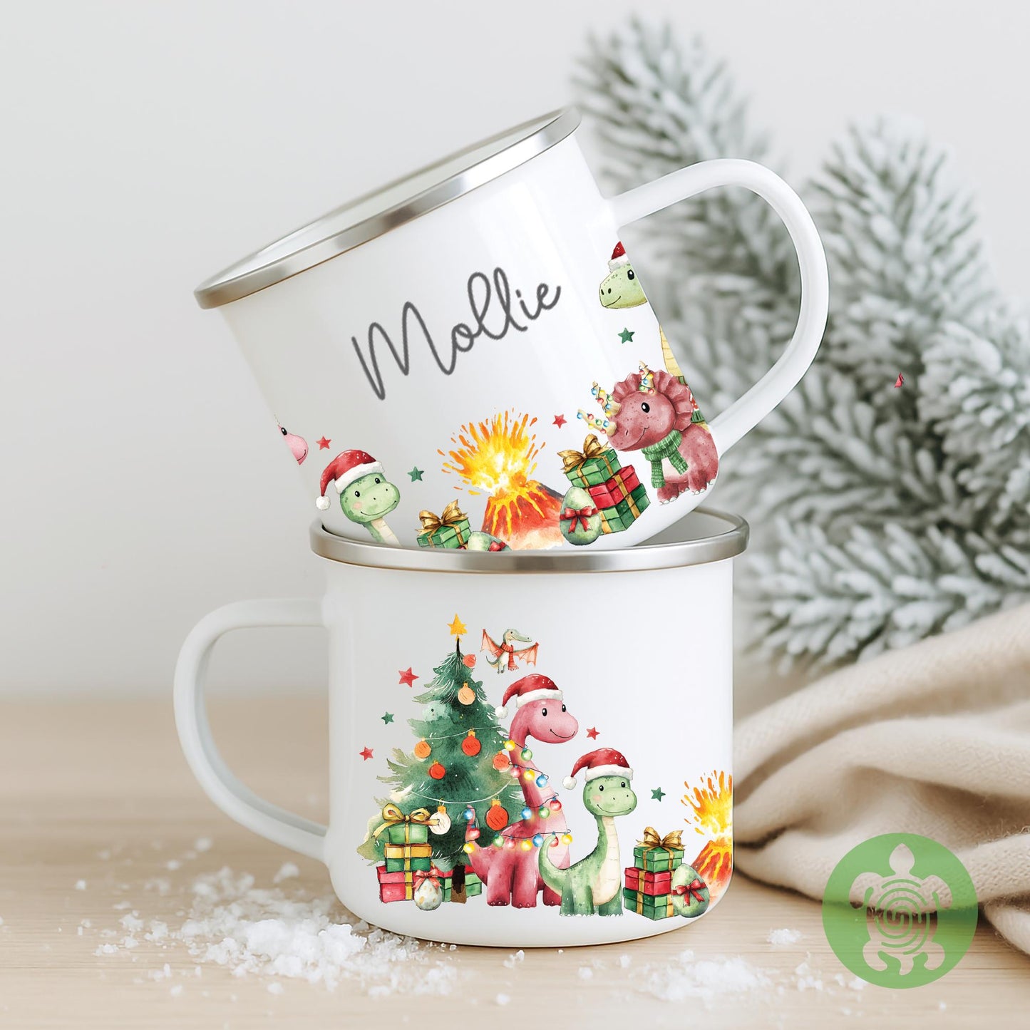 Personalised Children's Red Dinosaur Festive Mug, Xmas Gift, Children's Enamel Mug, Christmas Hot Chocolate, Kids Mug, Christmas Eve Filler