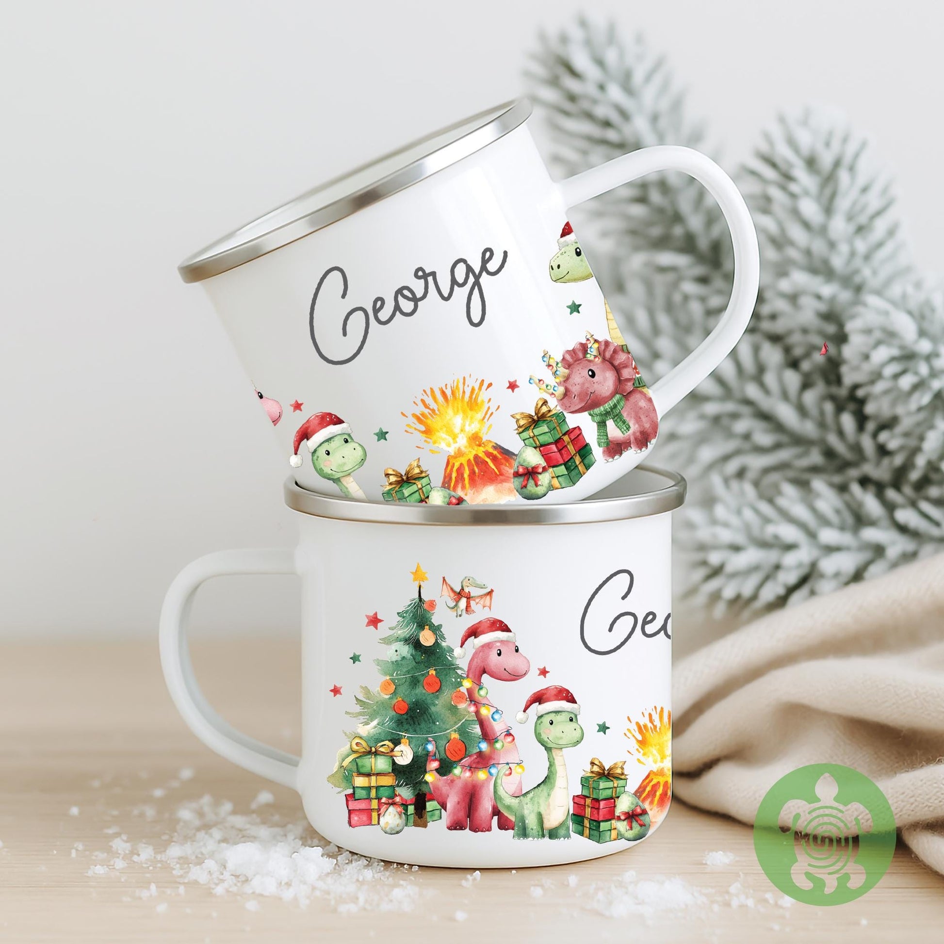 Personalised Children's Red Dinosaur Festive Mug, Xmas Gift, Children's Enamel Mug, Christmas Hot Chocolate, Kids Mug, Christmas Eve Filler