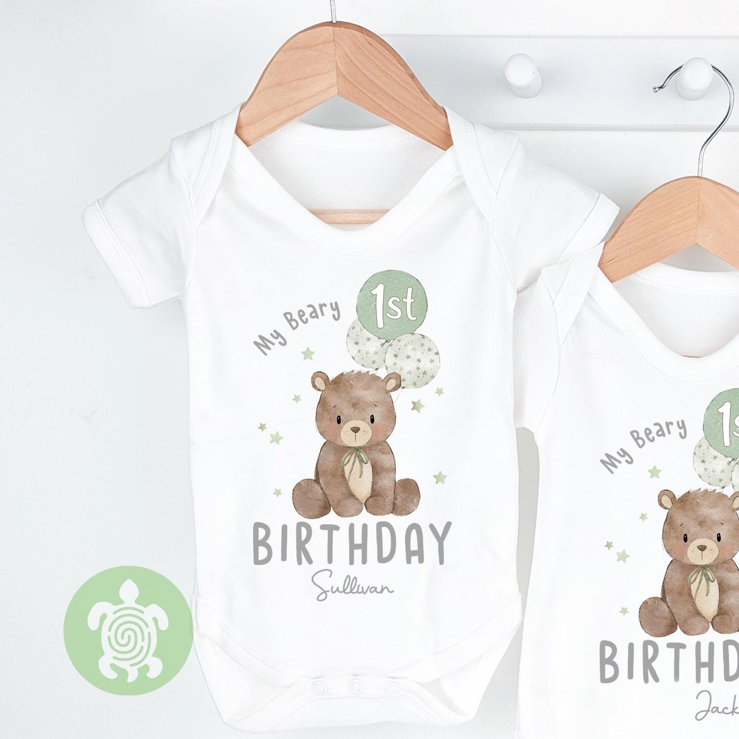 Personalised Green Beary 1st Birthday Children's T-shirt, 1st Birthday Party Outfit, Childs Clothing, BabyVest, Printed Birthday Sweatshirt