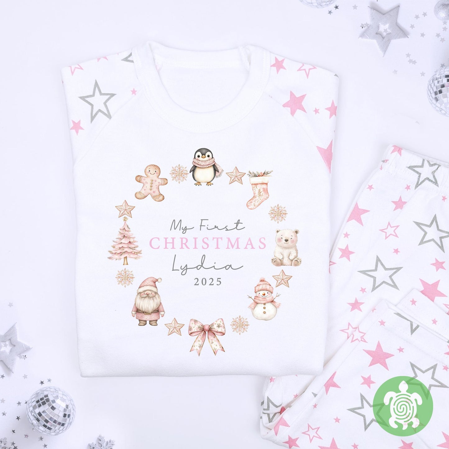 Personalised My First Christmas Pink Wreath, When I wake up it will be Christmas, 1st Christmas Sleepsuit, Babies 1st Xmas, Reindeer Gift