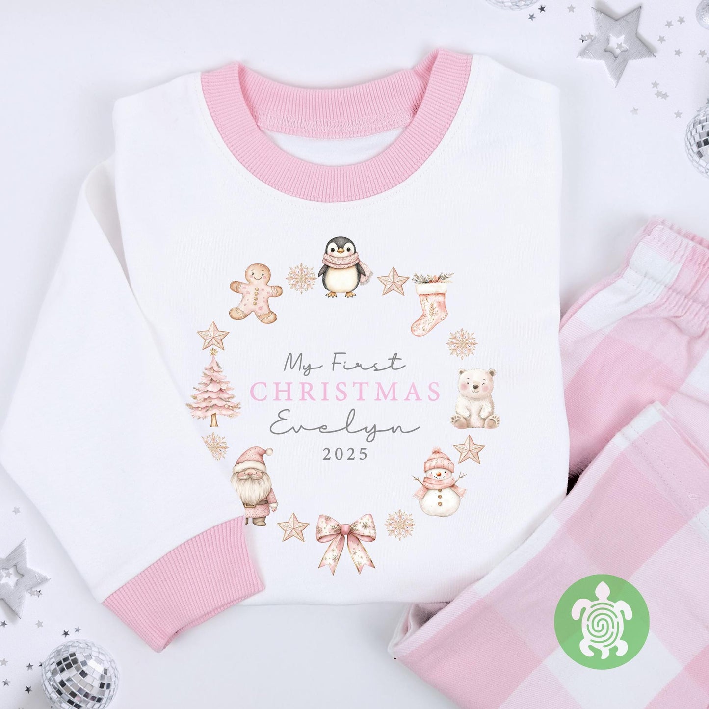 Personalised My First Christmas Pink Wreath, When I wake up it will be Christmas, 1st Christmas Sleepsuit, Babies 1st Xmas, Reindeer Gift