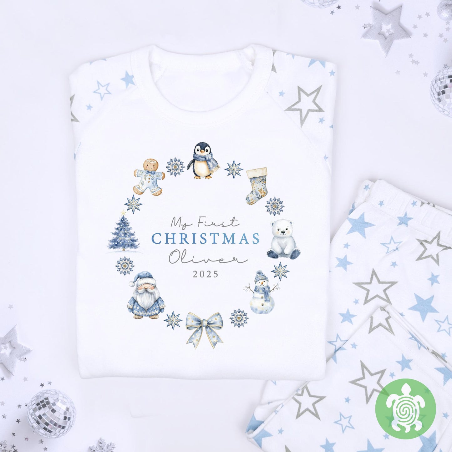 Personalised My First Christmas Blue Wreath, When I wake up it will be Christmas, 1st Christmas Sleepsuit, Babies 1st Xmas, Reindeer Gift