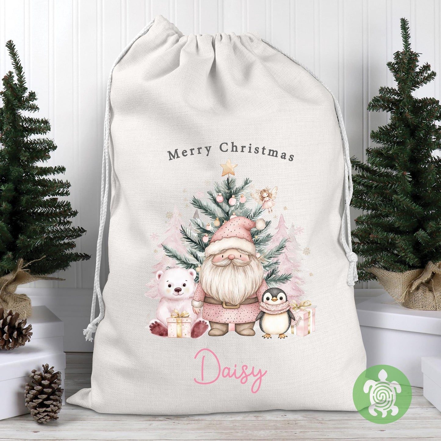Personalised Christmas Pink Polar Bear & Santa Sack, Luxury Linen Polyester Christmas Stuff Bag, Christmas Eve Box, 1st Christmas sack