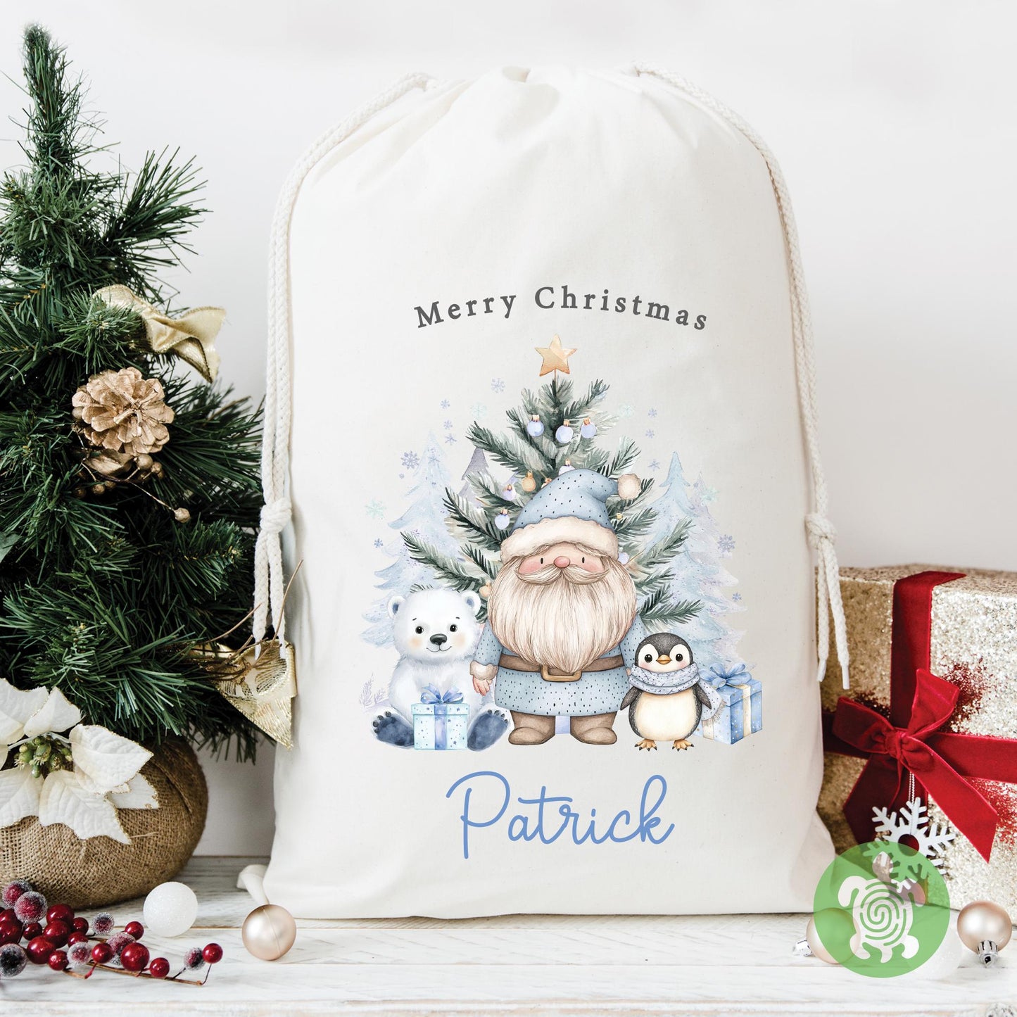 Personalised Christmas Blue Polar Bear & Santa Sack, Luxury Linen Polyester Christmas Stuff Bag, Christmas Eve Box, 1st Christmas sack