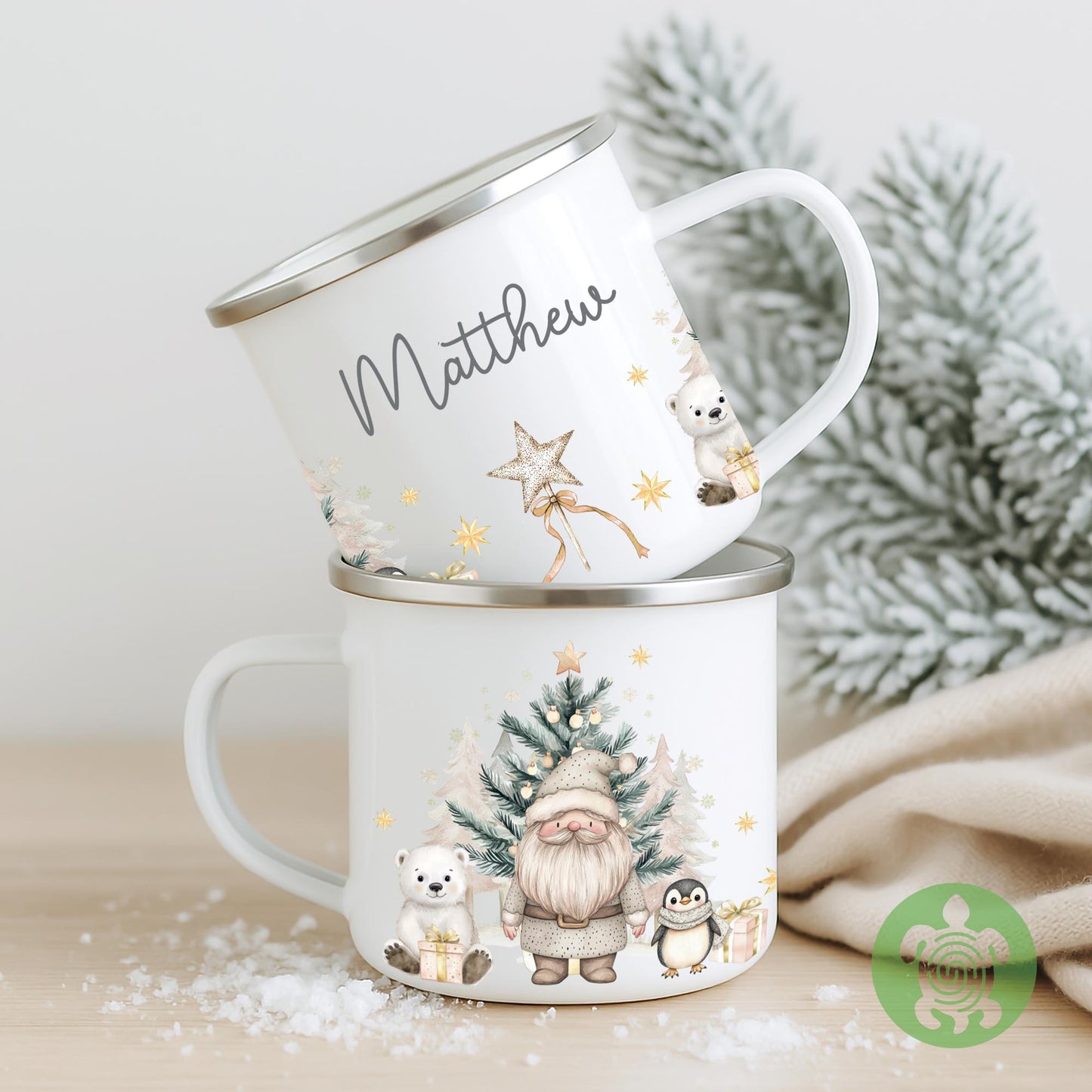 Personalised Children's Beige Polar Bear Festive Mug, Xmas Gift Idea, Enamel Mug, Christmas Hot Chocolate, Kids Mug, Christmas Eve Filler