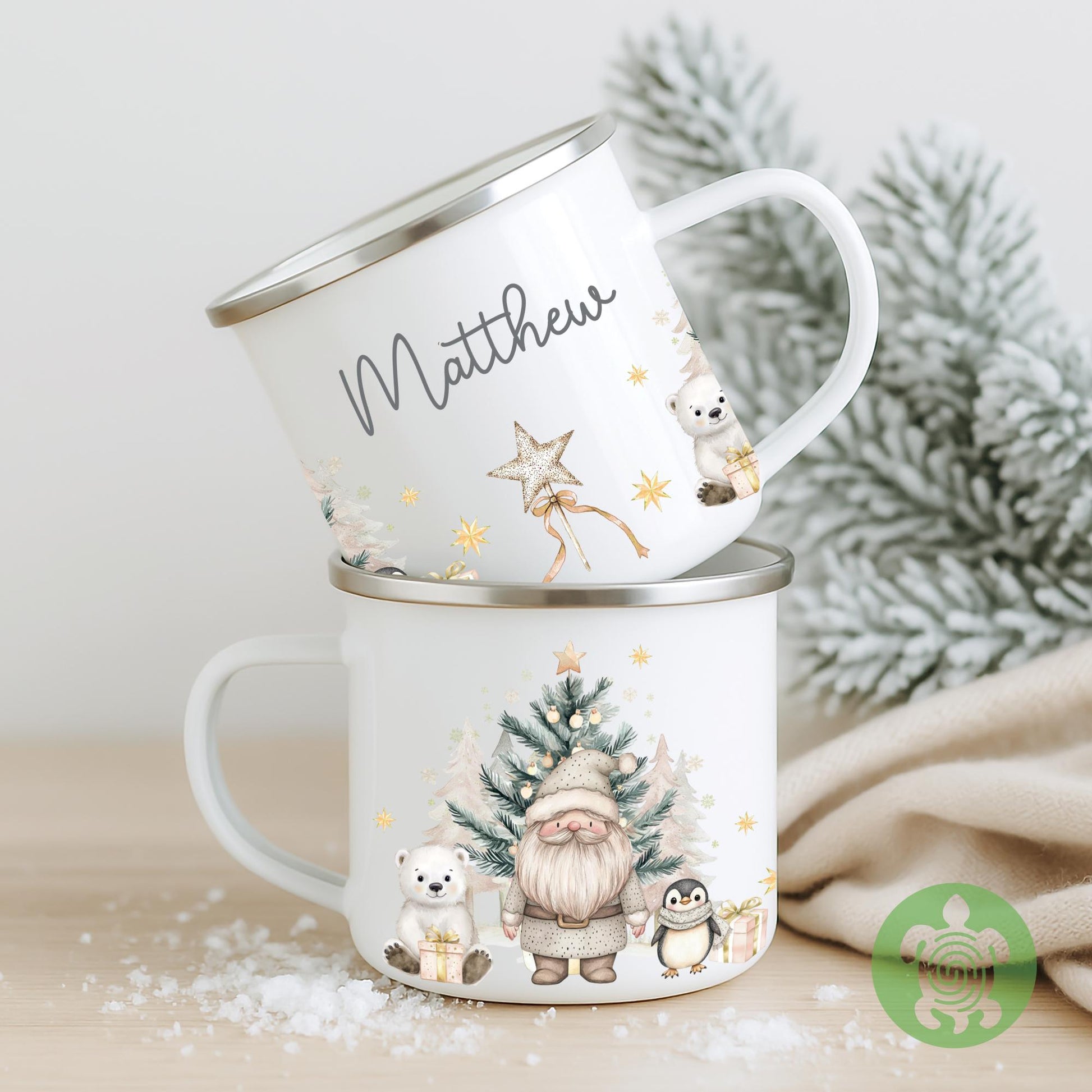 Personalised Children's Beige Polar Bear Festive Mug, Xmas Gift Idea, Enamel Mug, Christmas Hot Chocolate, Kids Mug, Christmas Eve Filler