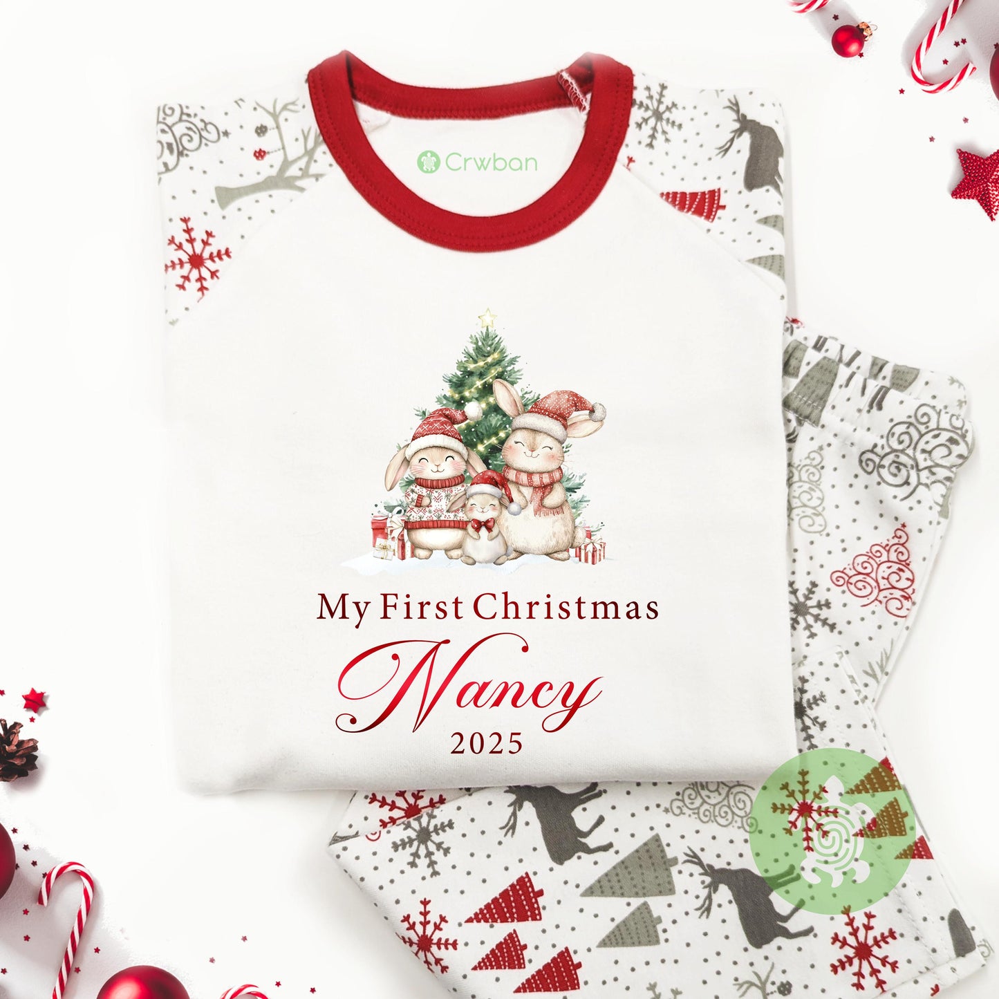 Luxury My First Family Christmas Bunny Adults Christmas Matching Outfit, Festive Pattern, Personalised Clothing Set, Tight-fitting style