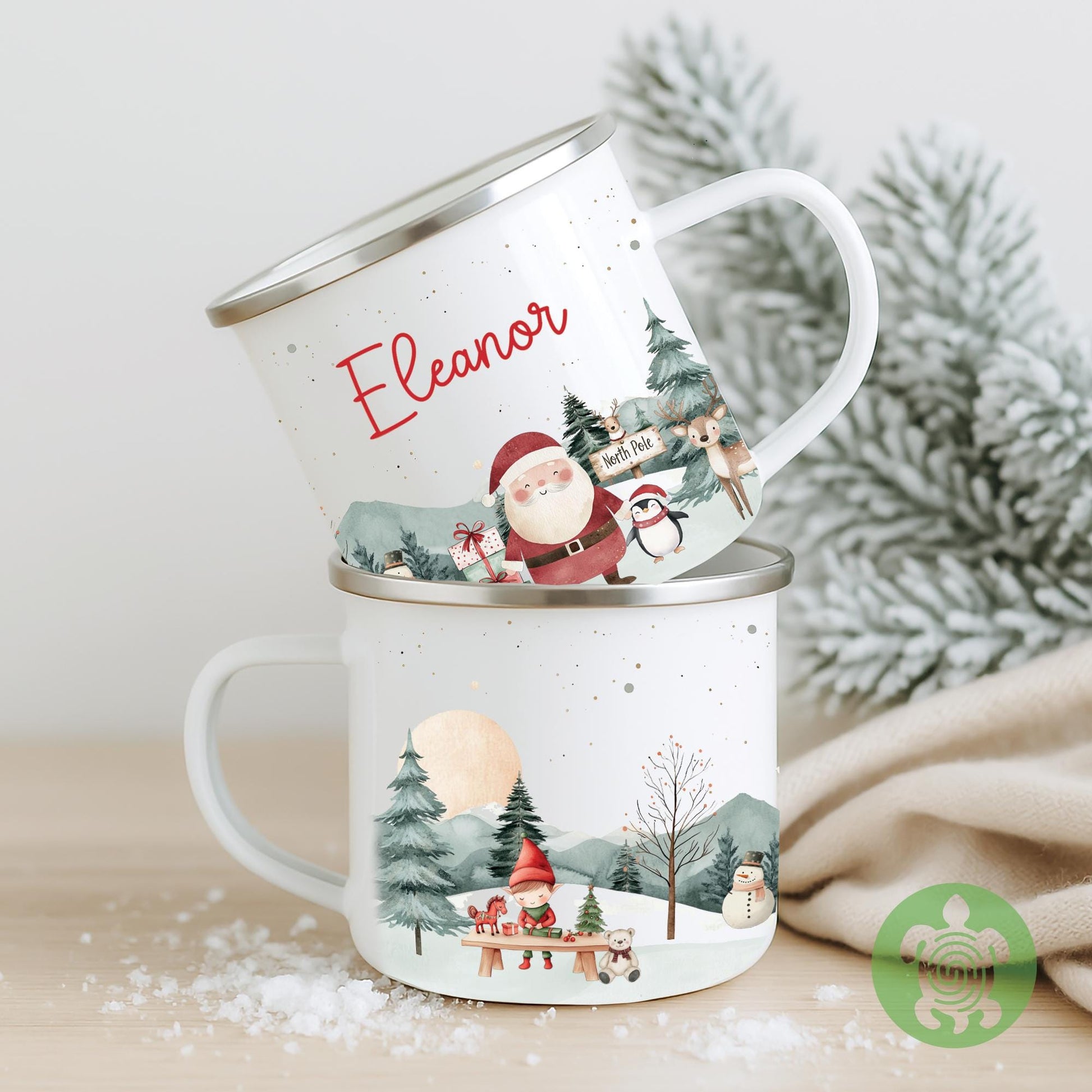 Personalised Children's Red Festive Scene Mug, Xmas Gift Idea, Child's Enamel Mug, Christmas Hot Chocolate, Kids Mug, Christmas Eve Filler