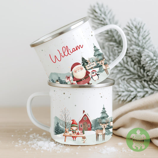 Personalised Children's Red Festive Scene Mug, Xmas Gift Idea, Child's Enamel Mug, Christmas Hot Chocolate, Kids Mug, Christmas Eve Filler