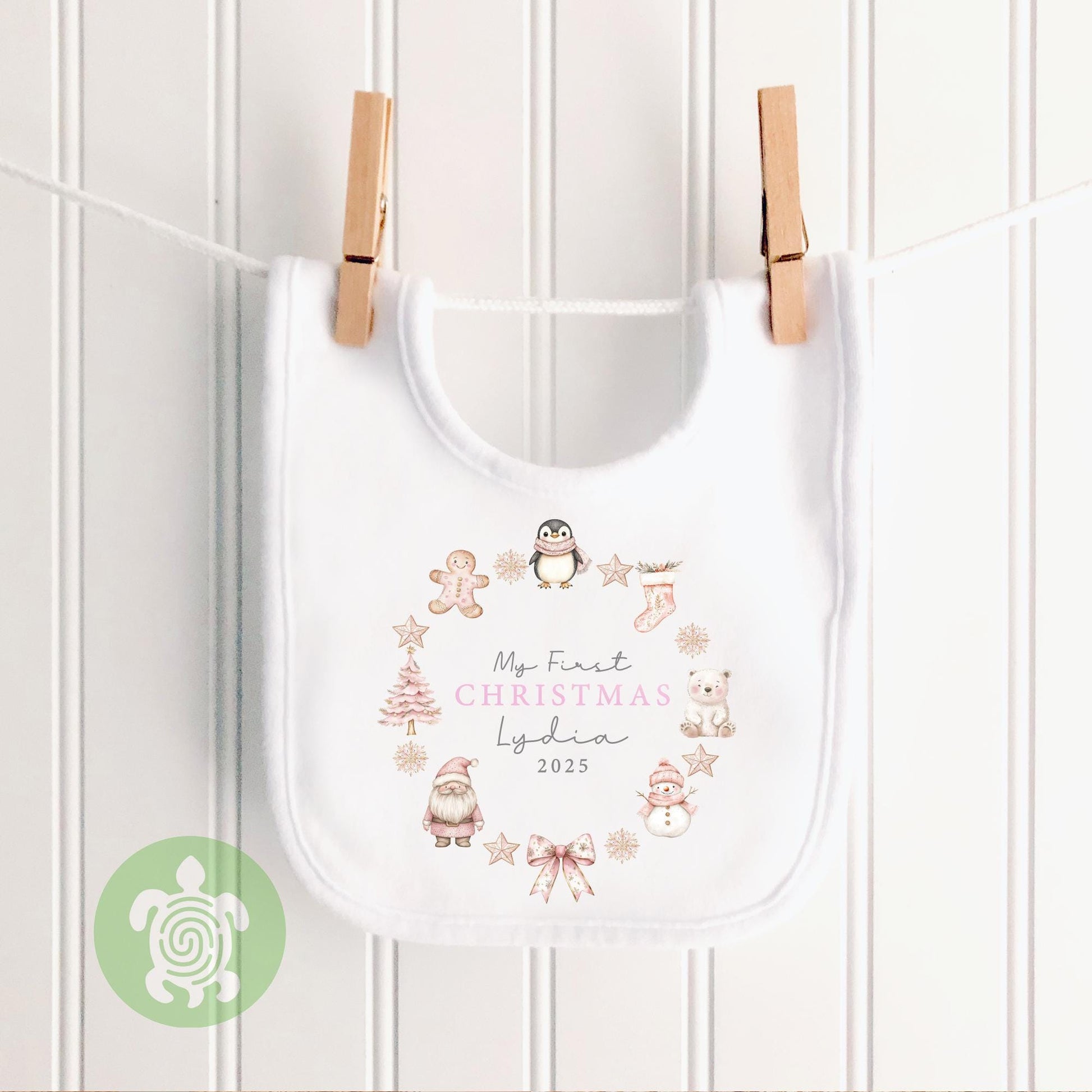 Personalised My First Christmas Pink Wreath, When I wake up it will be Christmas, 1st Christmas Sleepsuit, Babies 1st Xmas, Reindeer Gift