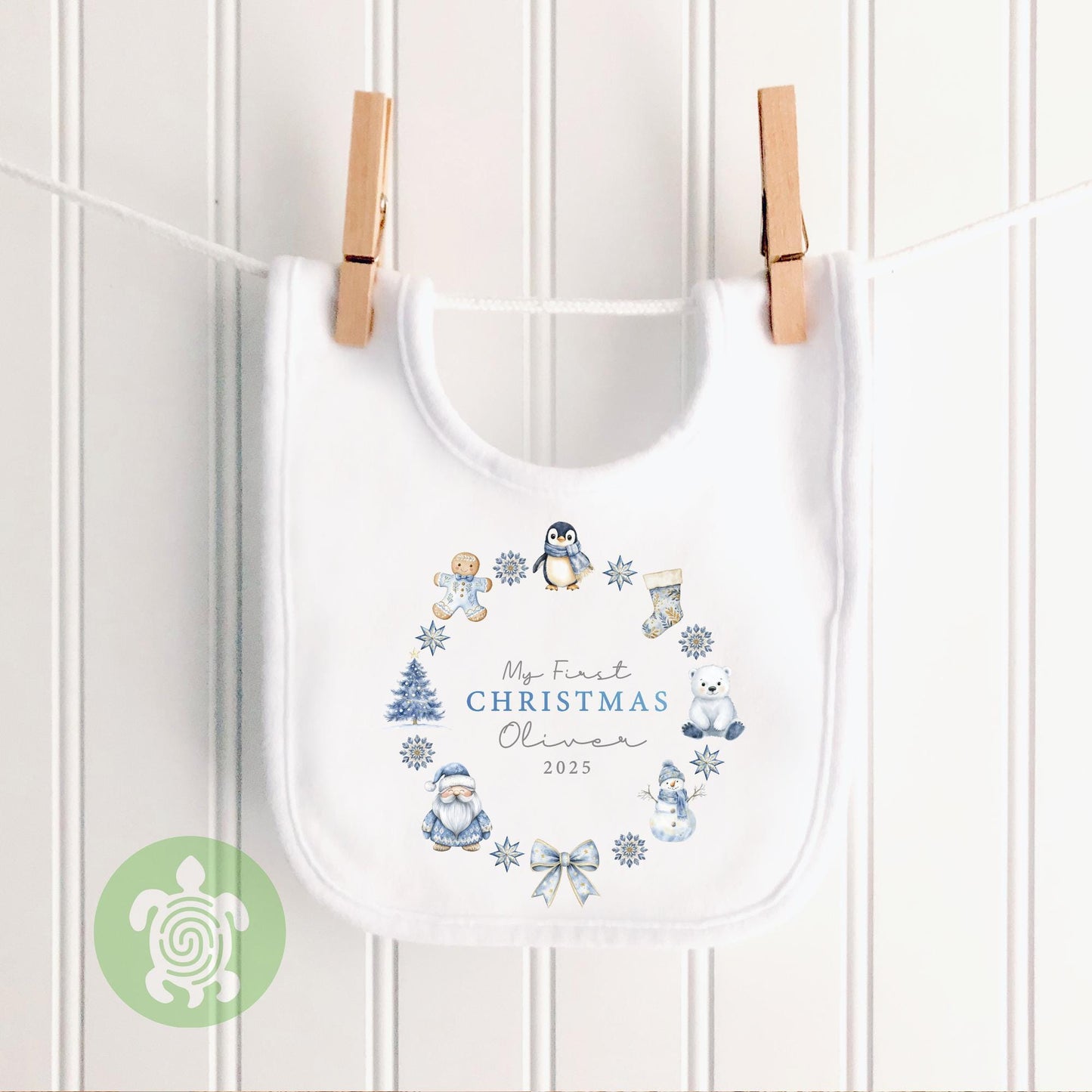 Personalised My First Christmas Blue Wreath, When I wake up it will be Christmas, 1st Christmas Sleepsuit, Babies 1st Xmas, Reindeer Gift