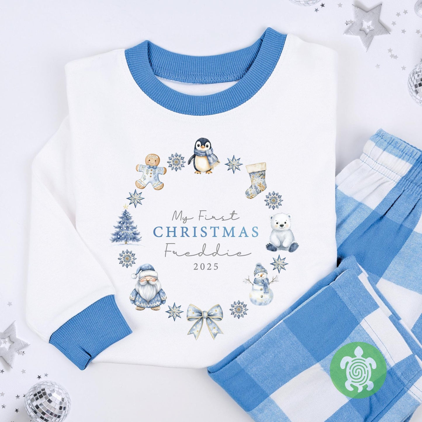 Personalised My First Christmas Blue Wreath, When I wake up it will be Christmas, 1st Christmas Sleepsuit, Babies 1st Xmas, Reindeer Gift
