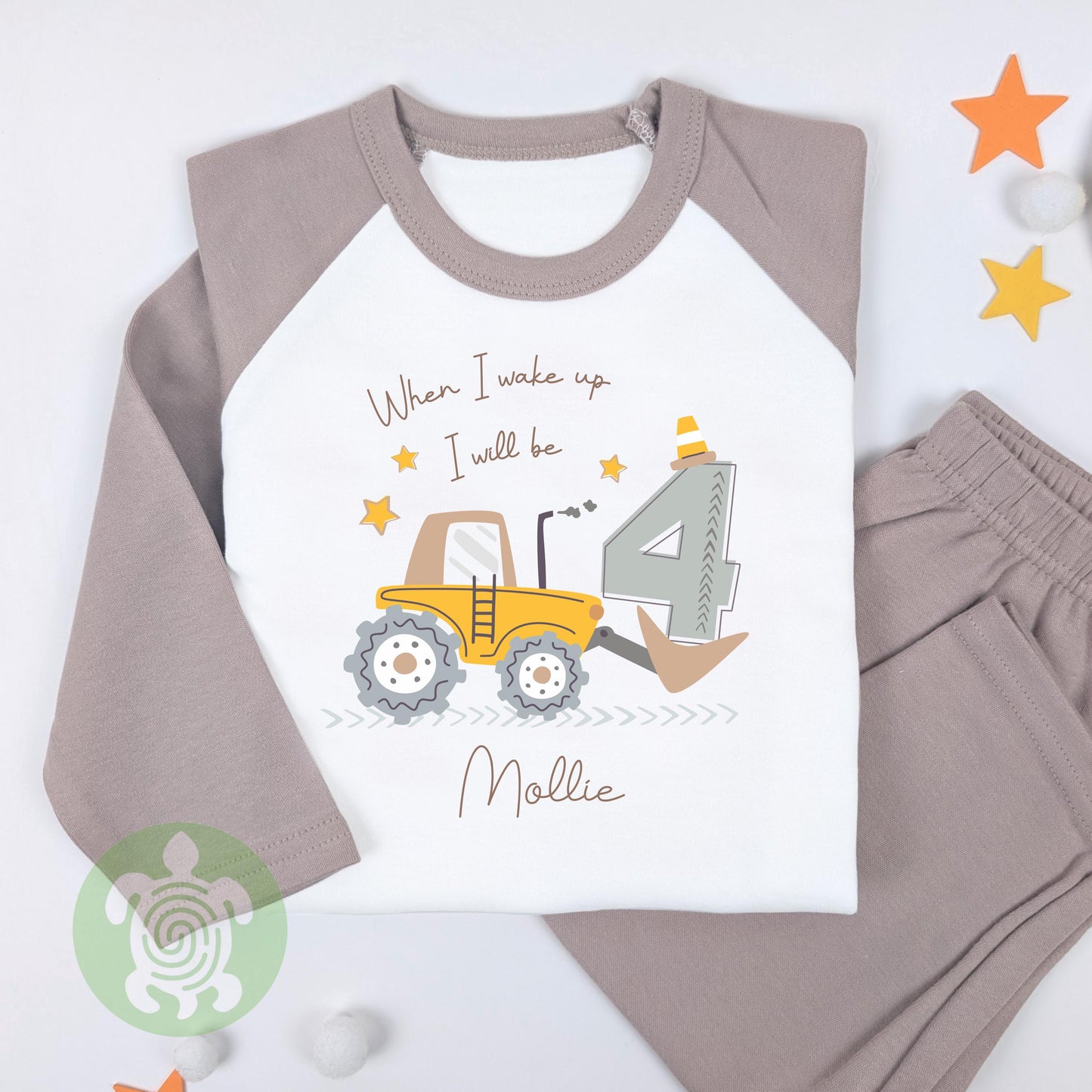 Personalised Little Digger Children's Pyjamas, Any Age, When I Wake Up Birthday, Boy Girl Birthday Outfit, 1st 2nd, Birthday Eve, Pattern