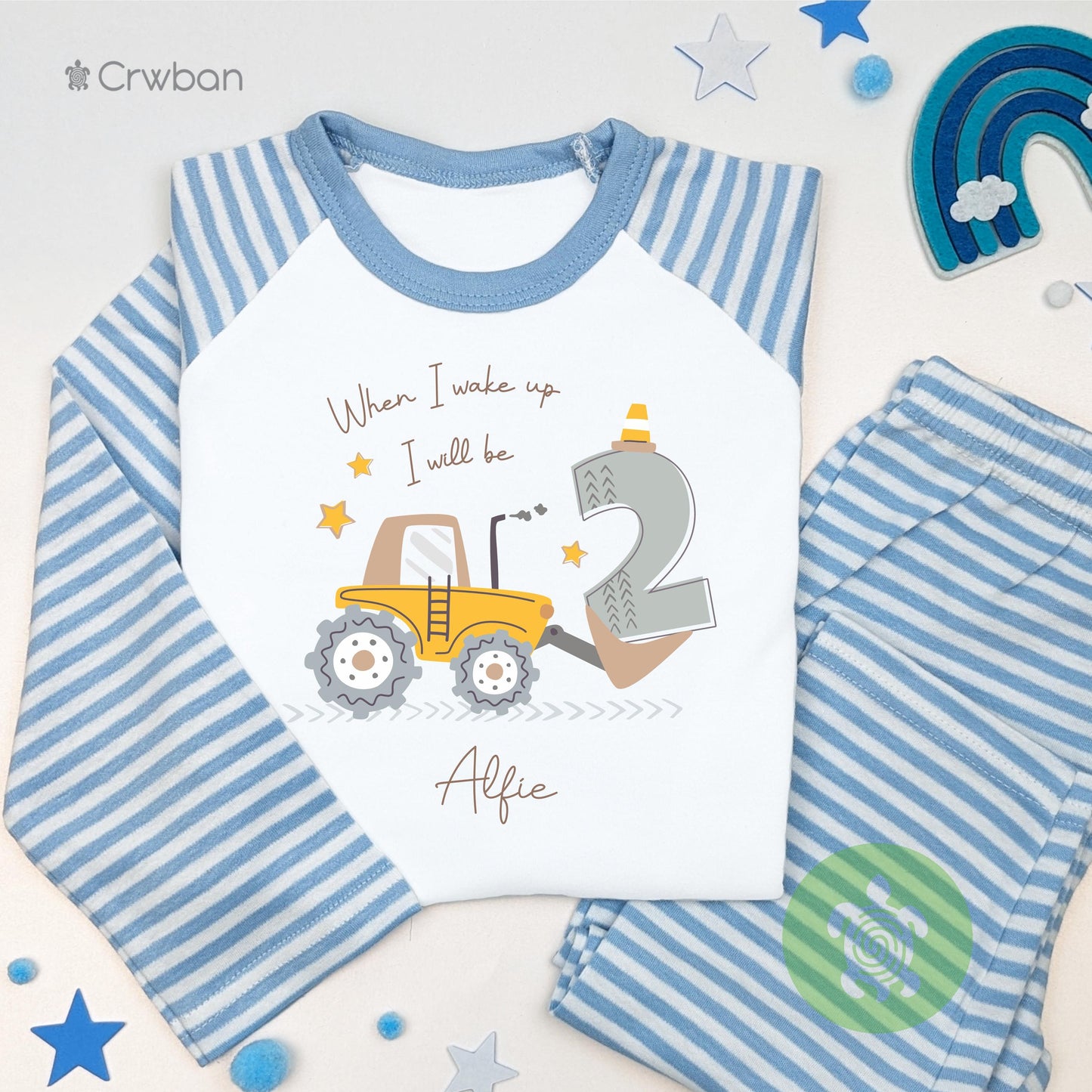 Personalised Little Digger Children's Pyjamas, Any Age, When I Wake Up Birthday, Boy Girl Birthday Outfit, 1st 2nd, Birthday Eve, Pattern