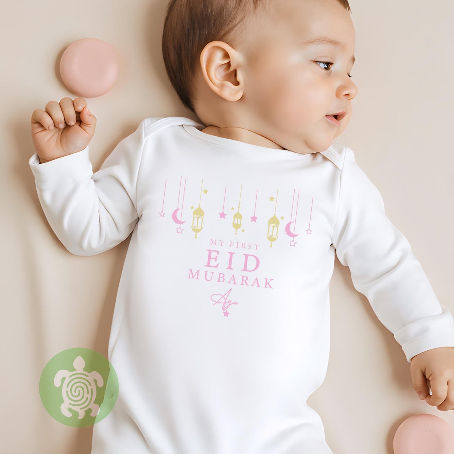 Personalised My First Eid Pink with Metallic Gold design Eid Mubarak Rompersuit Pyjamas Eid Ramadan Baby Newborn outfit