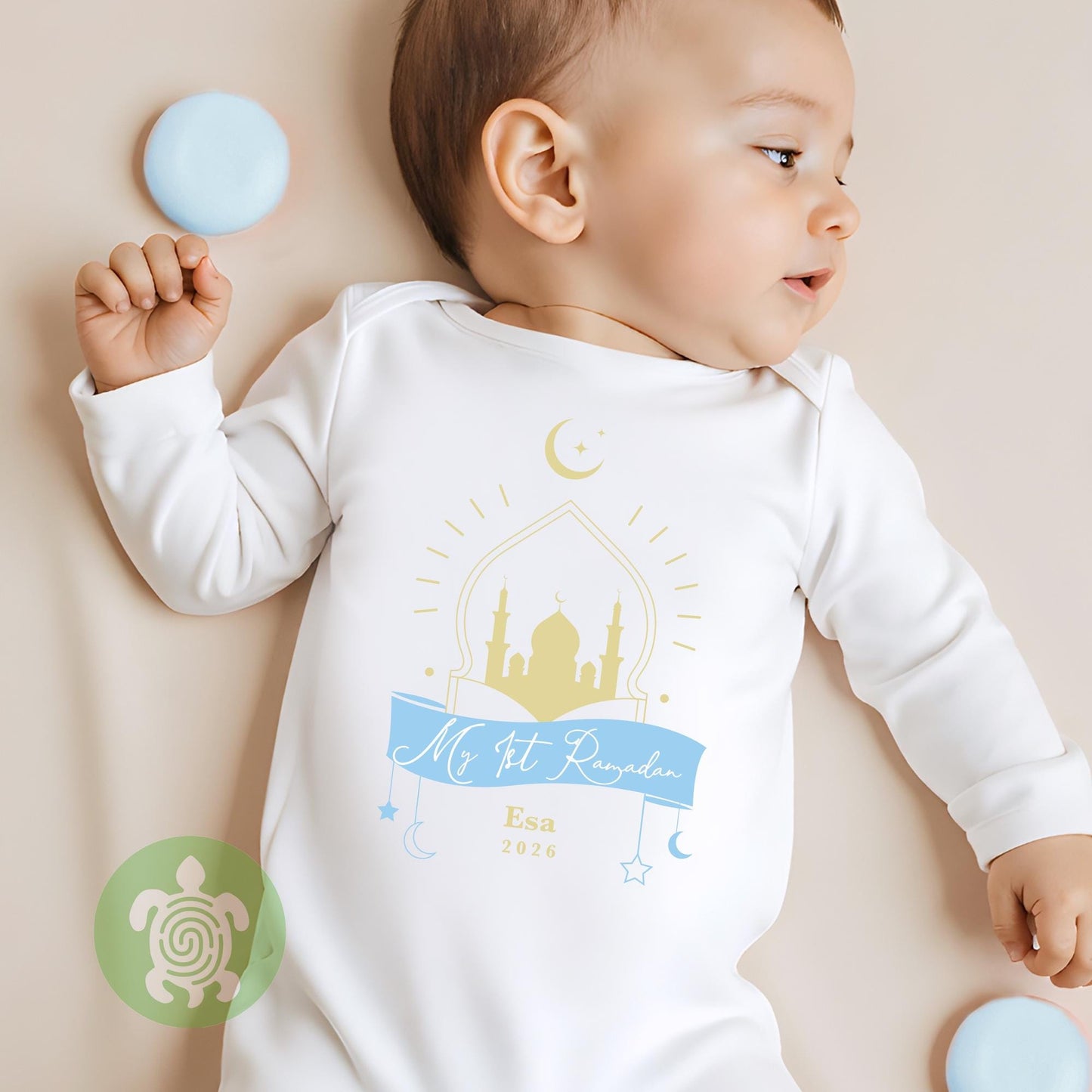 Personalised Baby Blue My First Ramadan, Babygrow Romper, Sleepsuit Boy, 1st Eid Ramadan Gift, Baby Newborn, Metallic gold print, Babies 1st