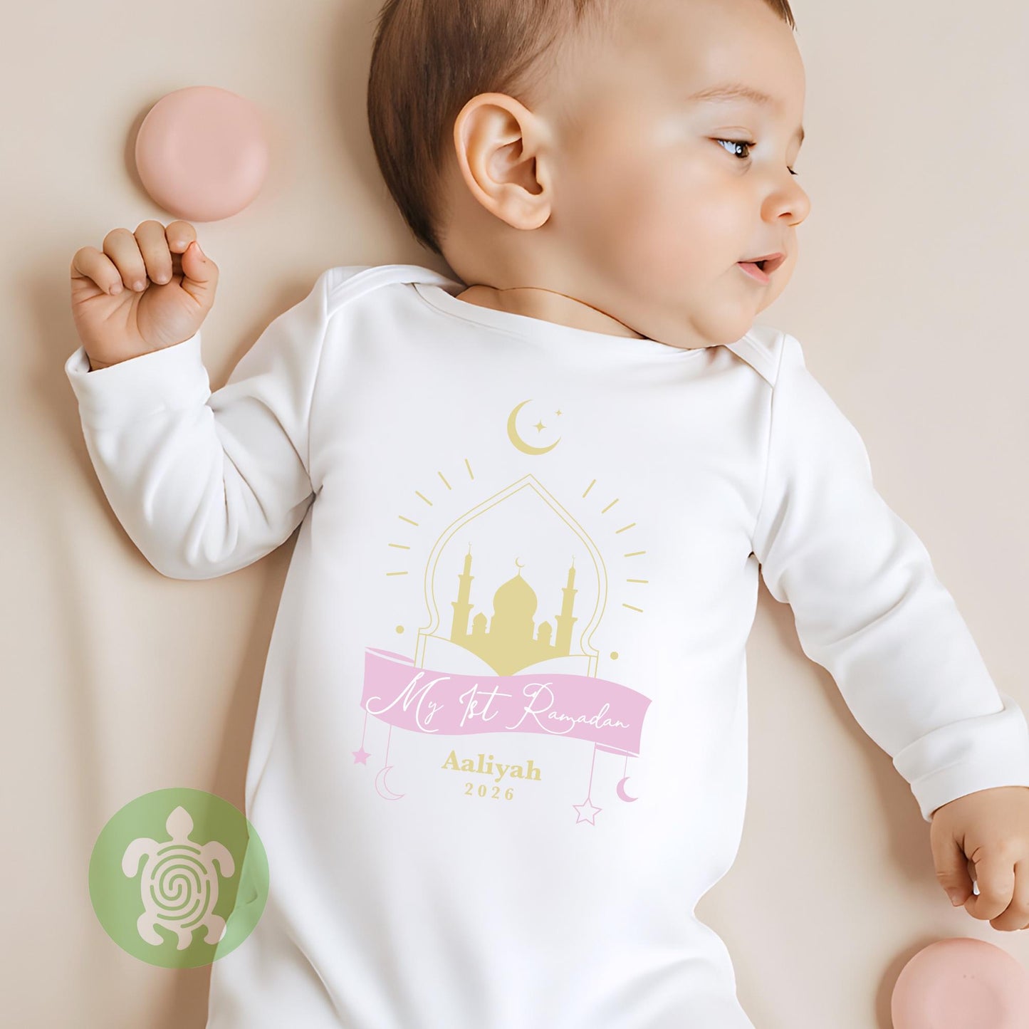 Personalised Baby Pink My First Ramadan, Babygrow Romper, Sleepsuit Girls, 1st Eid Ramadan Gift, Baby Newborn, Metallic gold prin
