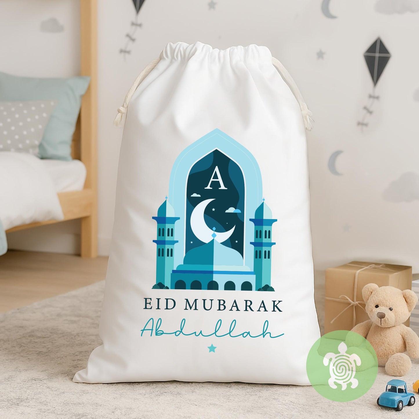Personalised Eid Mubarak Gift Sack, Luxury Linen Polyester Present Sack, Children Kids Eid Gift, Ramadan, Blue, Pink, Beige, Purple, Green