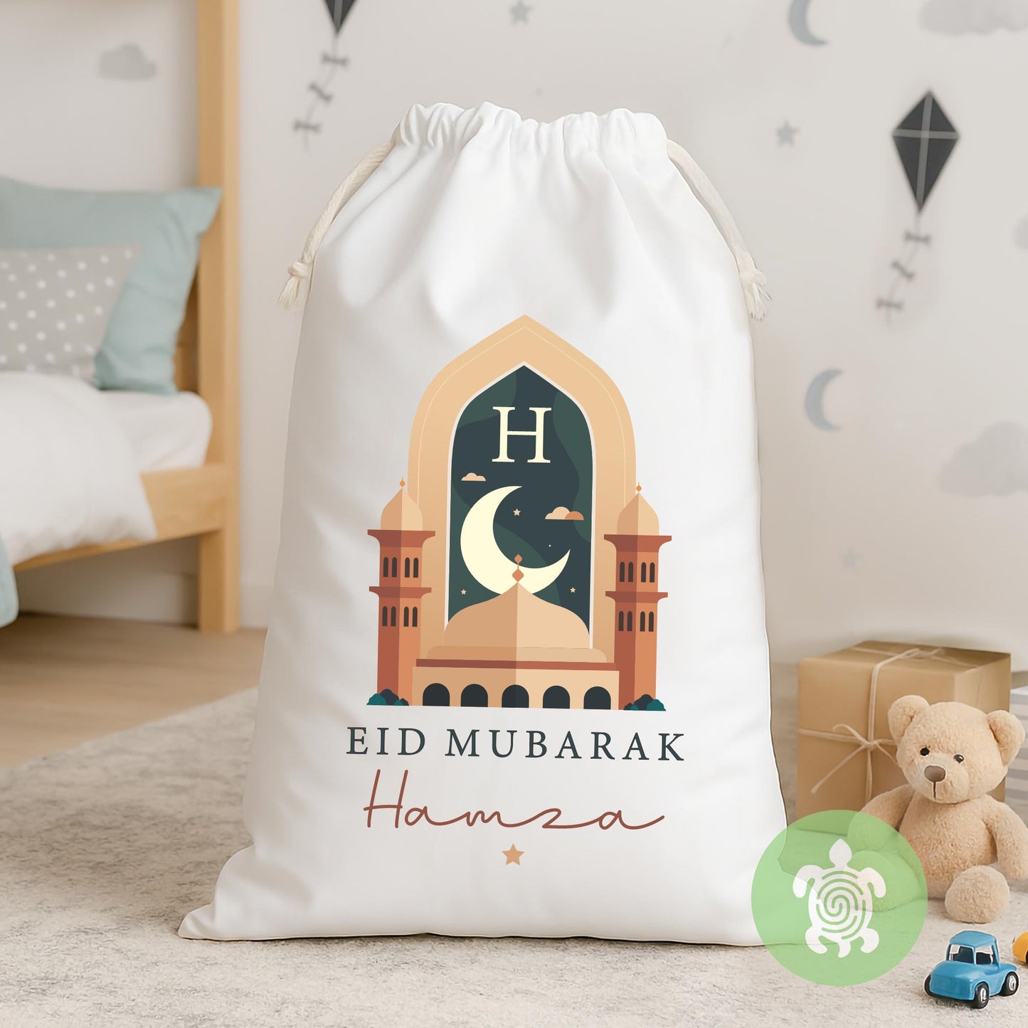 Personalised Eid Mubarak Gift Sack, Luxury Linen Polyester Present Sack, Children Kids Eid Gift, Ramadan, Blue, Pink, Beige, Purple, Green