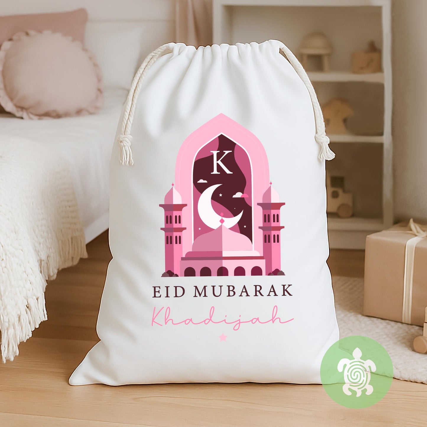 Personalised Eid Mubarak Gift Sack, Luxury Linen Polyester Present Sack, Children Kids Eid Gift, Ramadan, Blue, Pink, Beige, Purple, Green