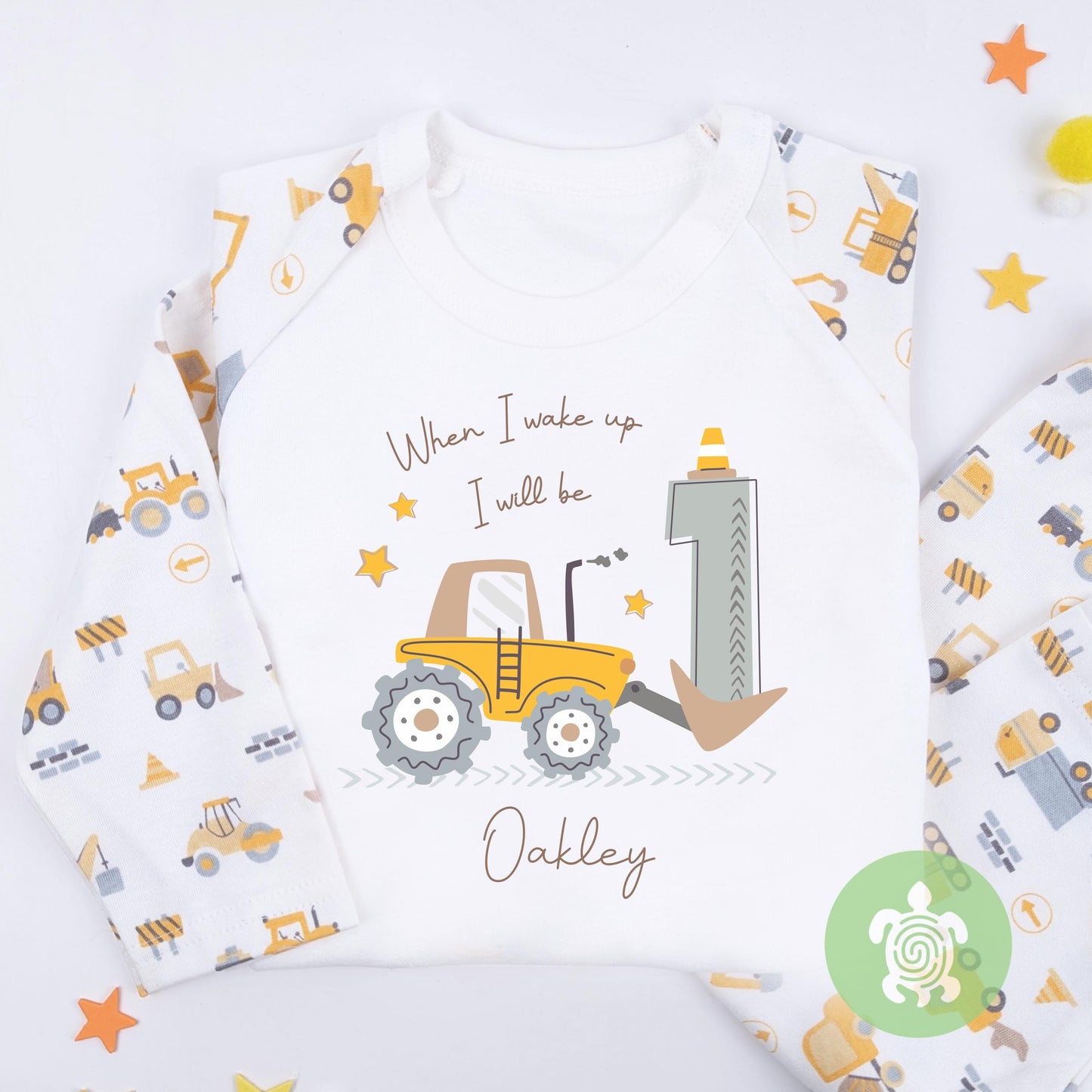 Personalised Little Digger Children's Pyjamas, Any Age, When I Wake Up Birthday, Boy Girl Birthday Outfit, 1st 2nd, Birthday Eve, Pattern