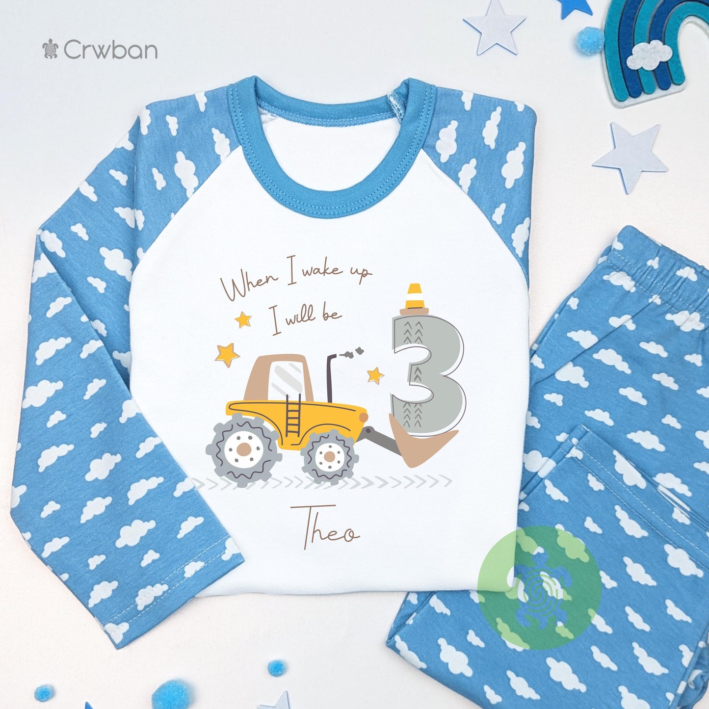 Personalised Little Digger Children's Pyjamas, Any Age, When I Wake Up Birthday, Boy Girl Birthday Outfit, 1st 2nd, Birthday Eve, Pattern