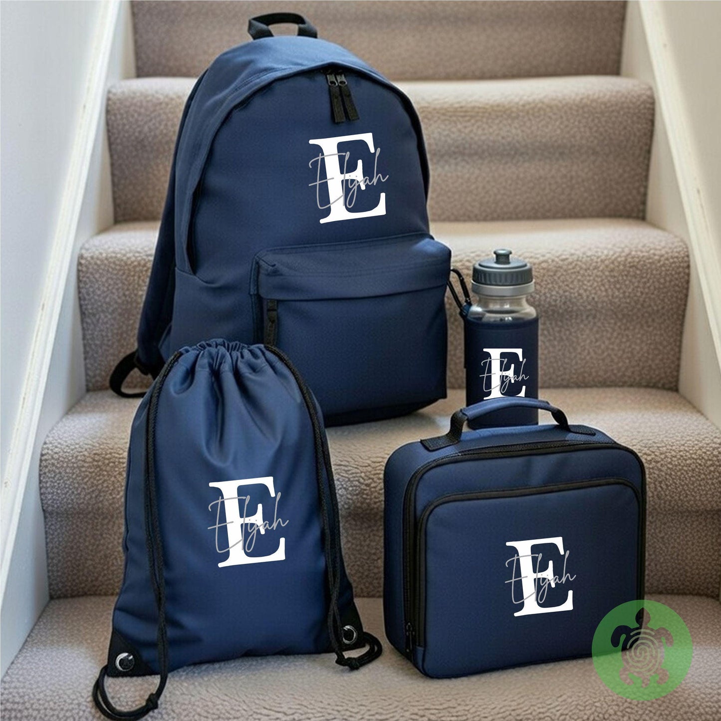 Personalised Back to School Essential Child's Sky Blue Rucksack with Name and Initial, Lunch box & water bottle. Toddler Kids Nursery